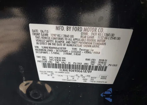 2013 Lincoln Mks z USA, uszkodzony, nr VIN 1LNHL9DK9DG618789